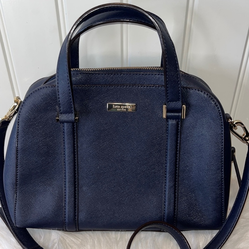 Kate Spade Small Felix Satchel purse Bag pebbled leather Navy blue classic
